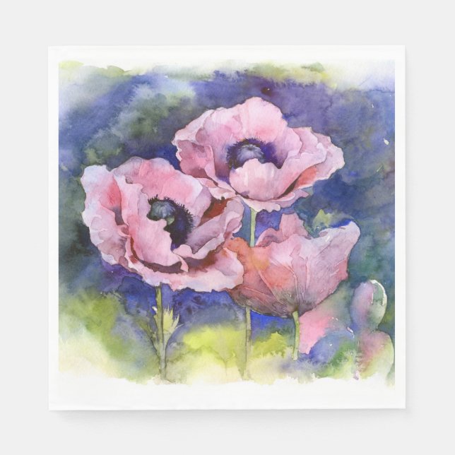 Watercolor flowers pink poppy illustration flowers napkins (Front)