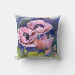 Watercolor flowers pink poppy illustration flowers throw pillow
