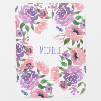 Watercolor Flowers Pink Violet Floral Leaves Chic Baby Blanket
