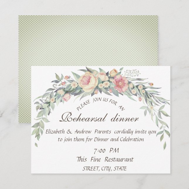 Watercolor Flowers, Polka Dots Rehearsal Dinner Invitation (Front/Back)