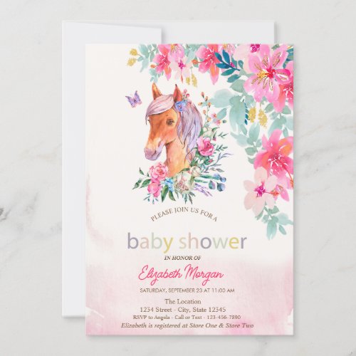 Watercolor  Flowers Pony Horse Baby Shower Invitation