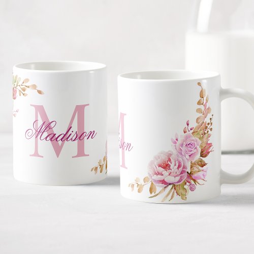 Watercolor Flowers Purple Custom Monogram Name Coffee Mug