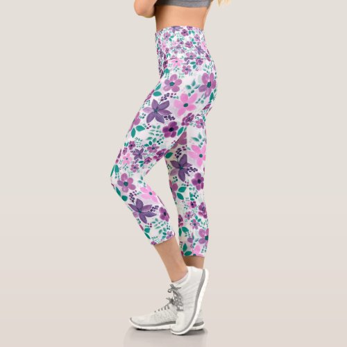  Watercolor Flowers Purple Pink Botanical Capri Leggings