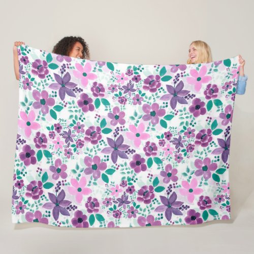  Watercolor Flowers Purple Pink Botanical Fleece Blanket