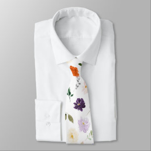 Watercolor Flowers Purples n Rust Orange Roses Neck Tie