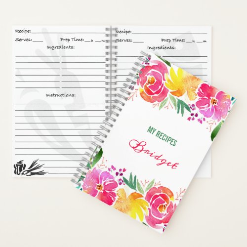 watercolor Flowers Recipes  with Name Notebook