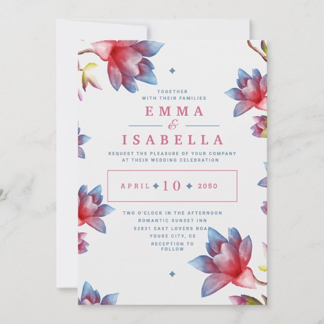 Watercolor Flowers Red and Blue Wedding Invitation (Front)
