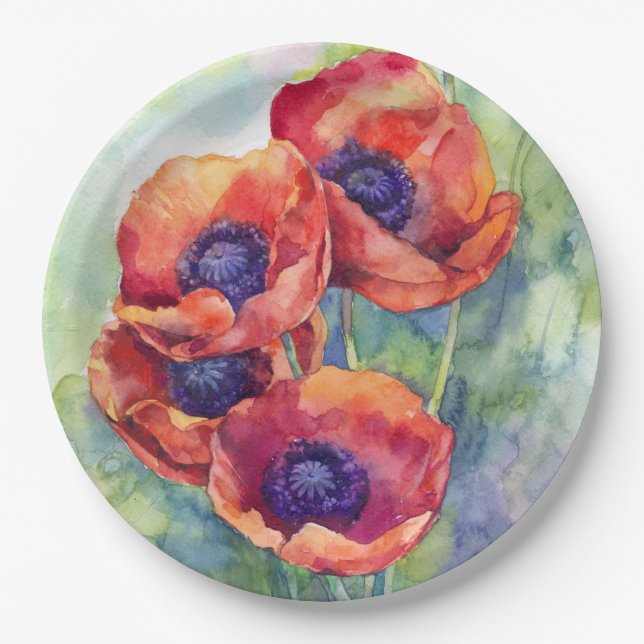 Watercolor flowers red poppy illustration flowers paper plates (Front)
