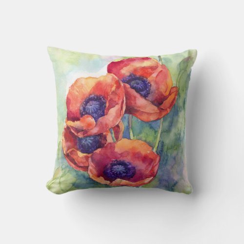 Watercolor flowers red poppy illustration flowers throw pillow