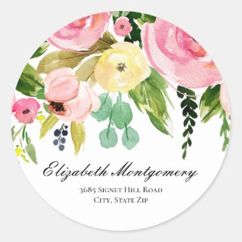 Watercolor Flowers Return Address Classic Round Classic Round Sticker by NoteworthyPrintables at Zazzle