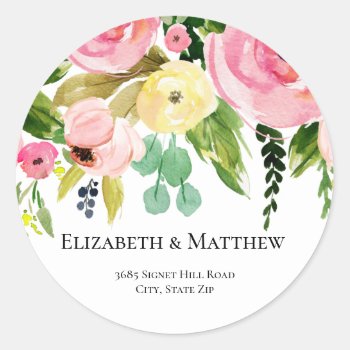 Watercolor Flowers Return Address Classic Round St Classic Round Sticker by NoteworthyPrintables at Zazzle
