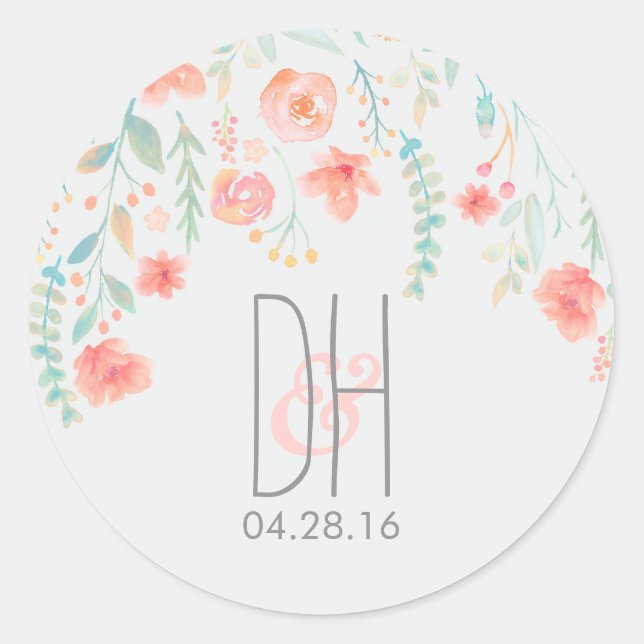 Watercolor Flowers Romantic Wedding Classic Round Sticker (Front)