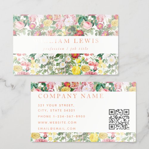 Watercolor Flowers Rose Gold Foil QR Code Business Cards