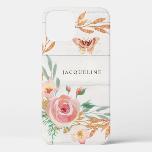 Watercolor Flowers Rose Gold Glitter Greenery Wood iPhone 12 Case