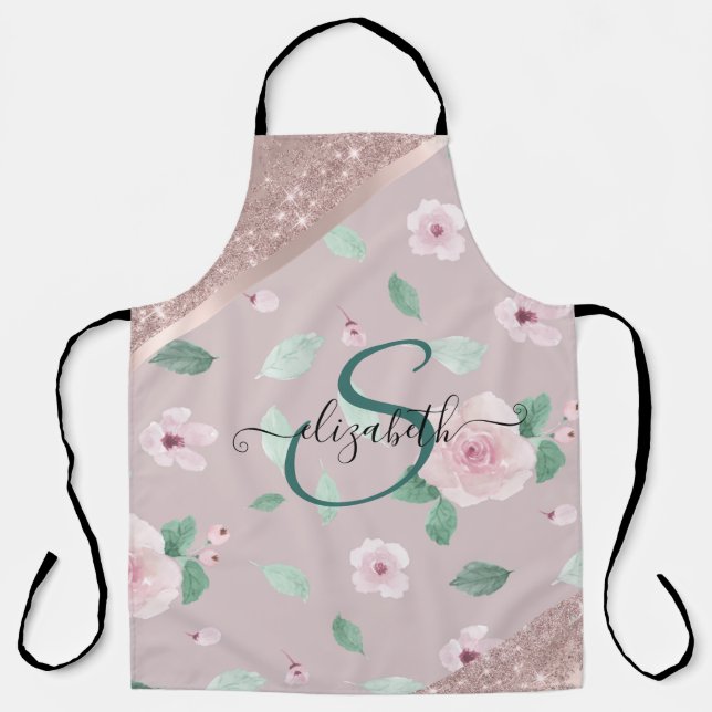 Watercolor Flowers Rose Gold Monogram Apron (Front)