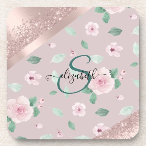 Watercolor Flowers Rose Gold Monogram Beverage Coaster