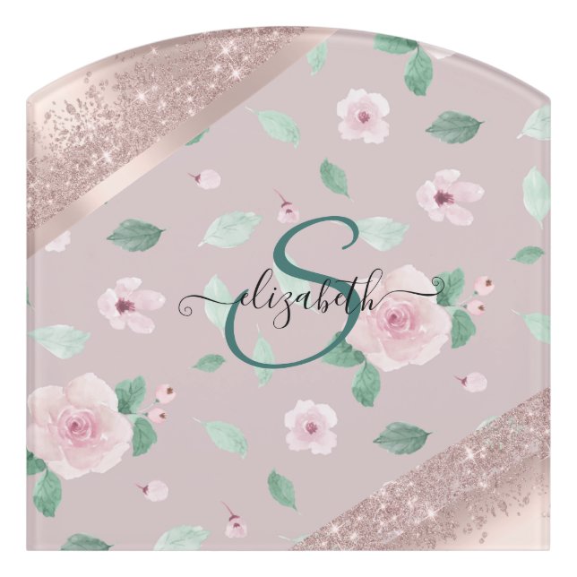 Watercolor Flowers Rose Gold Monogram Door Sign (Contour Front)
