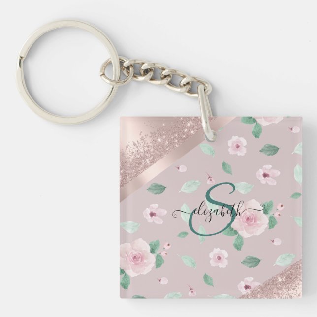 Watercolor Flowers Rose Gold Monogram Keychain (Front)