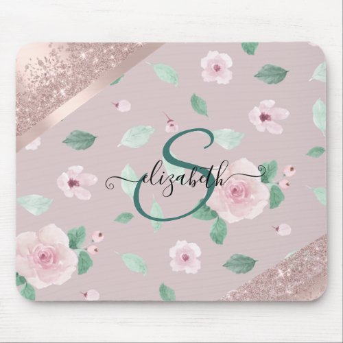 Watercolor Flowers Rose Gold Monogram Mouse Pad