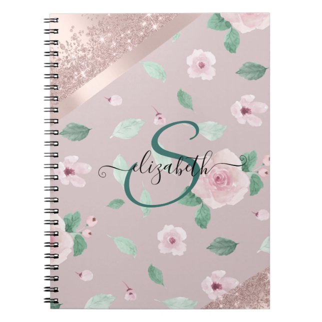 Watercolor Flowers Rose Gold Monogram Notebook (Front)