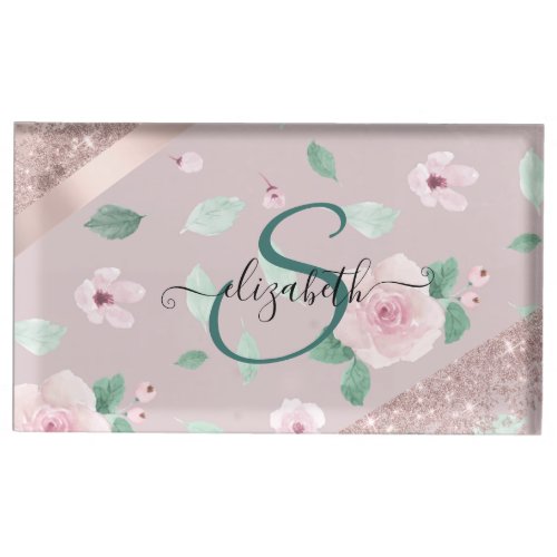 Watercolor Flowers Rose Gold Monogram Place Card Holder