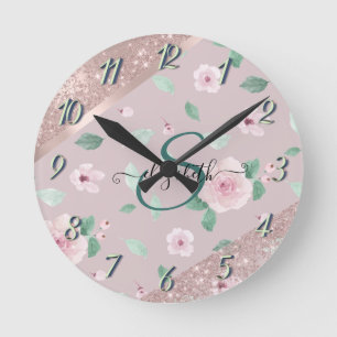 Watercolor Flowers Rose Gold Monogram Round Clock