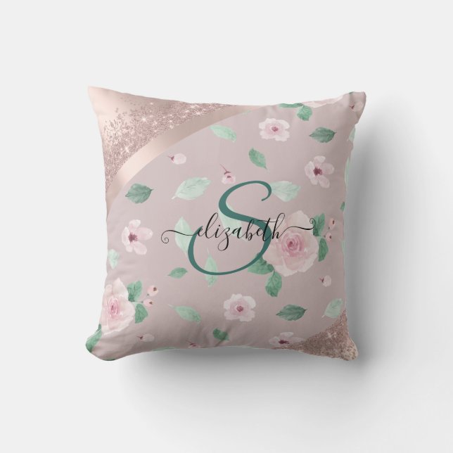 Watercolor Flowers Rose Gold Monogram Throw Pillow (Front)