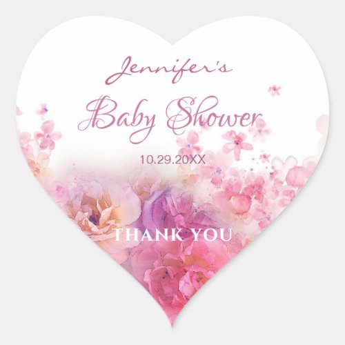 Watercolor Flowers Roses Baby Shower Chic Script Heart Sticker