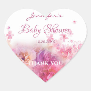 Watercolor Flowers Roses Baby Shower Chic Script Heart Sticker