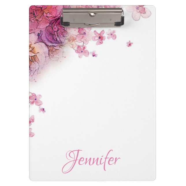 Watercolor Flowers Roses Elegant Personalized Clipboard (Front)