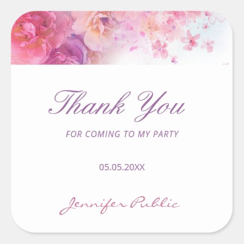 Watercolor Flowers Roses Hand Script Thank You Square Sticker