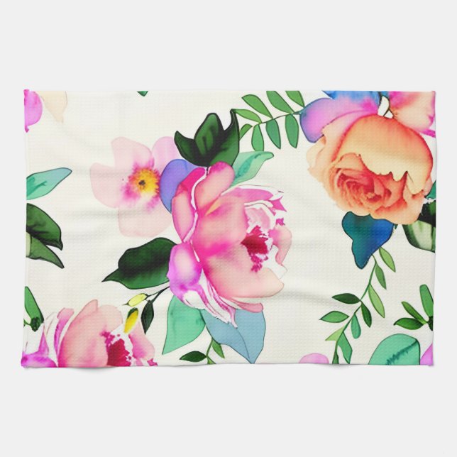 watercolor flowers roses kitchen towel (Horizontal)