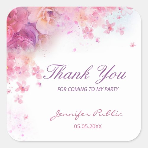 Watercolor Flowers Roses Thank You Hand Script Square Sticker
