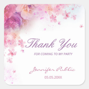 Watercolor Flowers Roses Thank You Hand Script Square Sticker