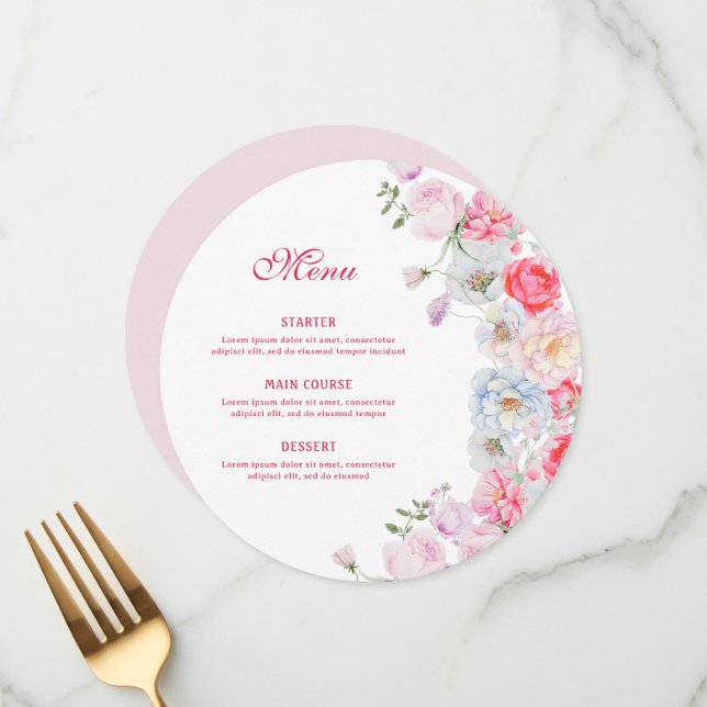 Watercolor Flowers Round Menu (Front/Back In Situ)