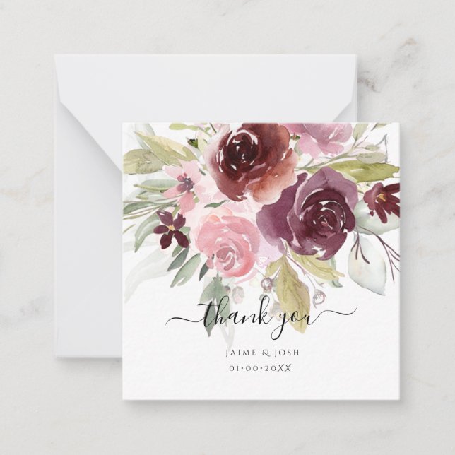Watercolor Flowers Rustic Blush Burgundy Note Card (Front)