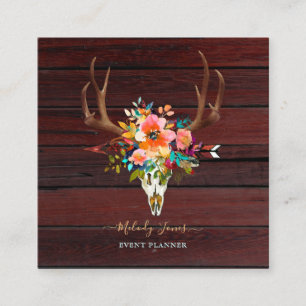 WATERCOLOR FLOWERS, RUSTIC BOHO SKULL+ARROW+WOOD SQUARE BUSINESS CARD
