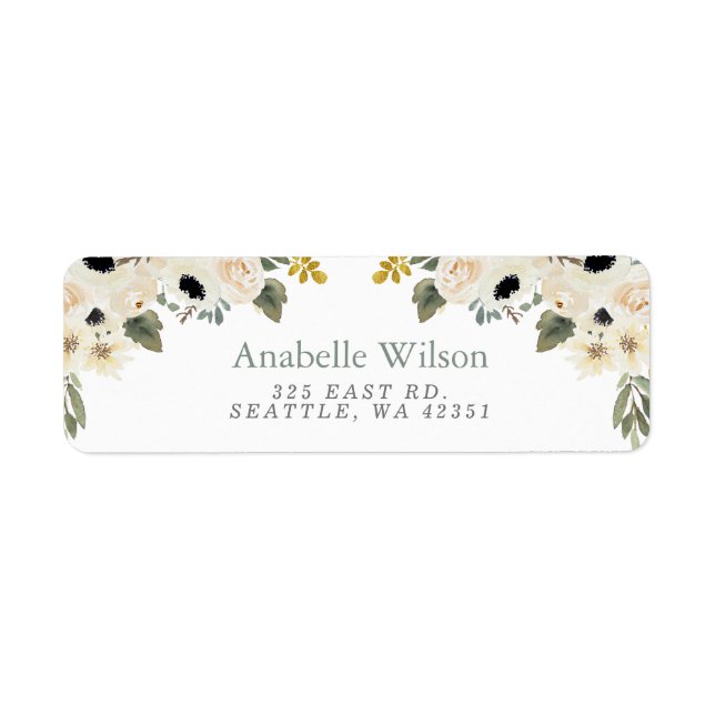 Watercolor Flowers Sage Ivory Floral Label (Front)