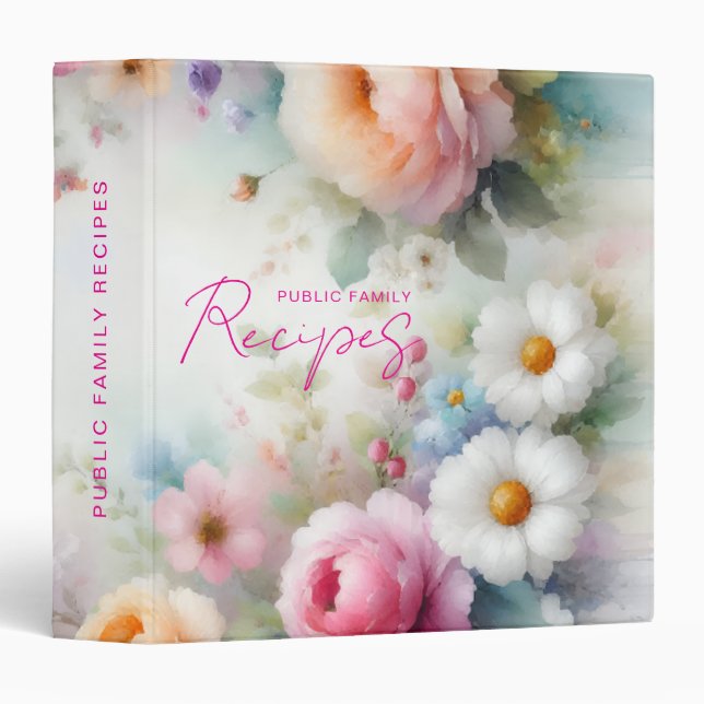 Watercolor Flowers Script Recipe Book Cookbook 3 Ring Binder (Front/Spine)