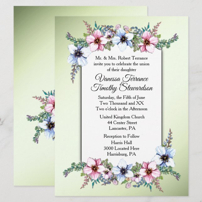 Watercolor Flowers Shine Wedding Invitation (Front/Back)