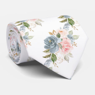 Watercolor Flowers Slate Blue Blush Pink Roses Neck Tie
