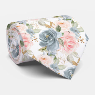 Watercolor Flowers Slate Blue Blush Pink Roses Neck Tie