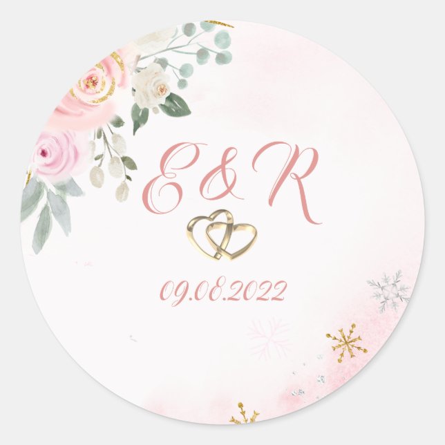 Watercolor Flowers Snowflakes Wedding Classic Round Sticker (Front)