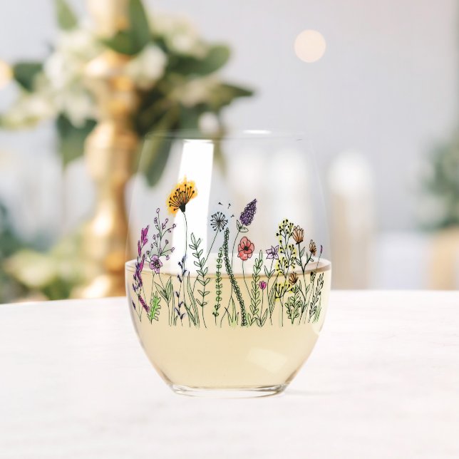 Watercolor flowers stemless wine glass (Insitu (Wedding))