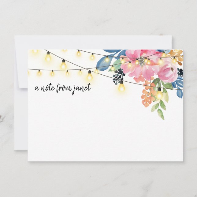 Watercolor Flowers & String Lights Note Card (Front)