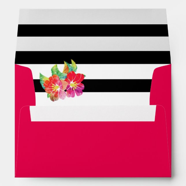 Watercolor flowers, stripes pink floral wedding envelope (Back (Bottom))