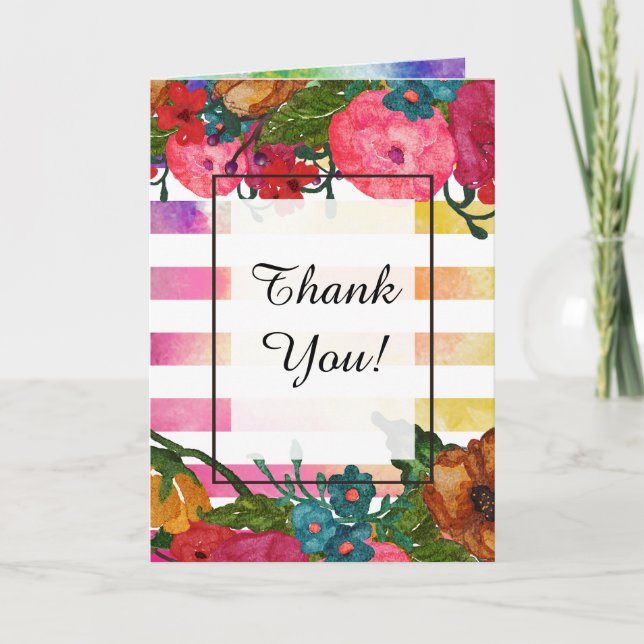 Watercolor Flowers & Stripes | Thank You! You Card (Front)
