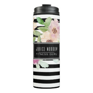 Watercolor Flowers & Stripes Thermal Tumbler