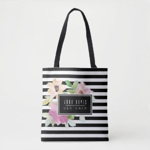 Watercolor Flowers & Stripes Tote Bag