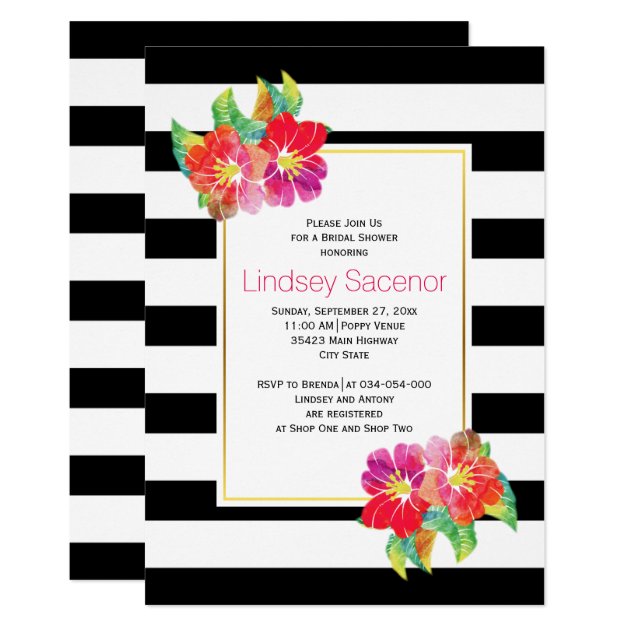 Watercolor Flowers, Stripes Wedding Bridal Shower Invitation